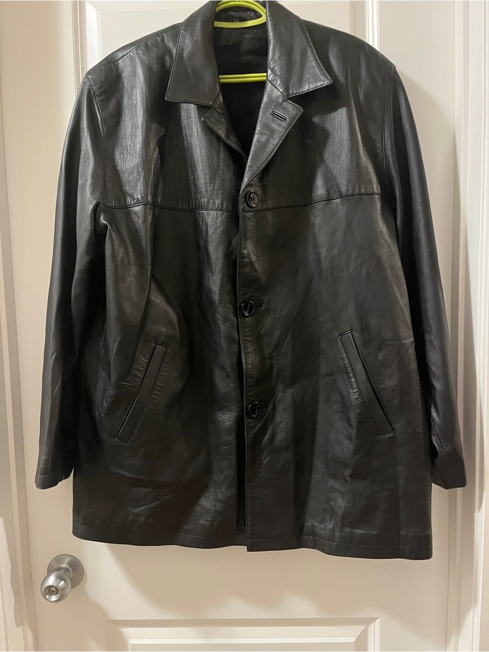 Men's Black Leather Trench Coat - Sleek Button-Front Outerwear